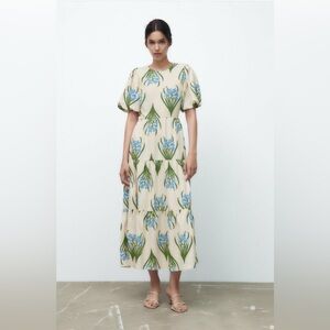 Zara The Sofia Dress ecru floral printed maxi dress backless NWT size M